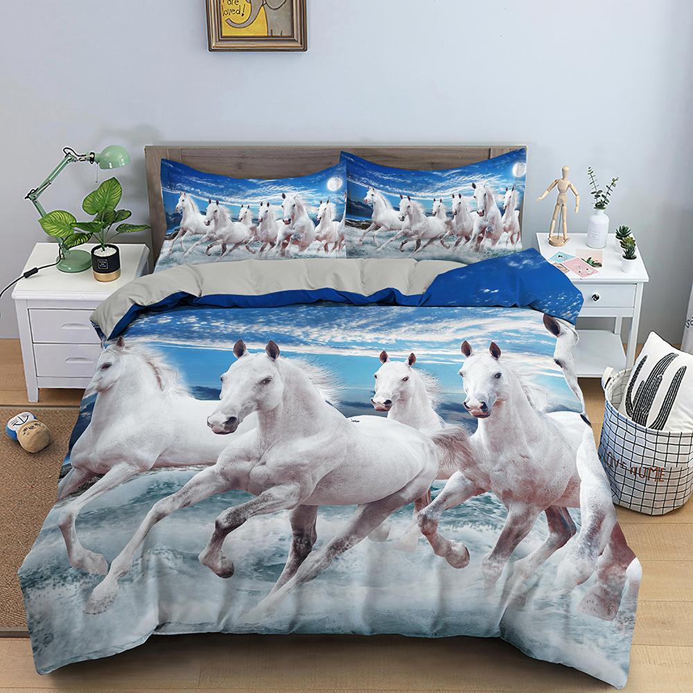 3D Horse Duvet Cover King Queen Size Black White Thoroughbreds Bedding Set For Teens Adults Animal 2/3pcs Polyester Quilt Cover