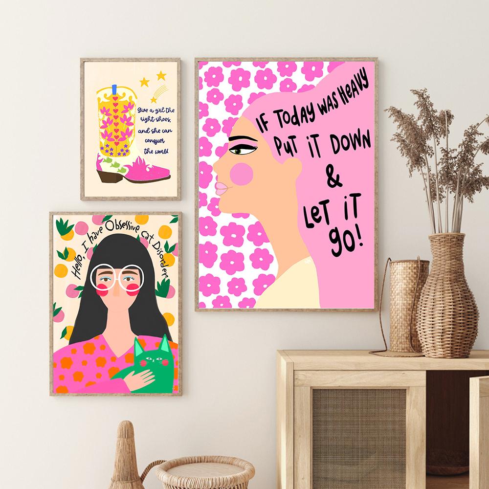 Abstract Cowboy Boots Colourful Poster Art Print Girls Gifts Pink Quote Wall Canvas Painting Cute Cat Living Room Home Decor