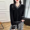 Women's Color-Block V-Neck Long Sleeve Loose Wool Pullover Sweater