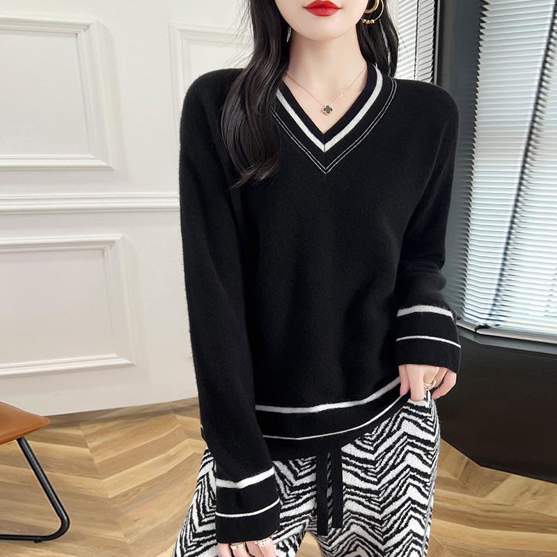 Women's Color-Block V-Neck Long Sleeve Loose Wool Pullover Sweater