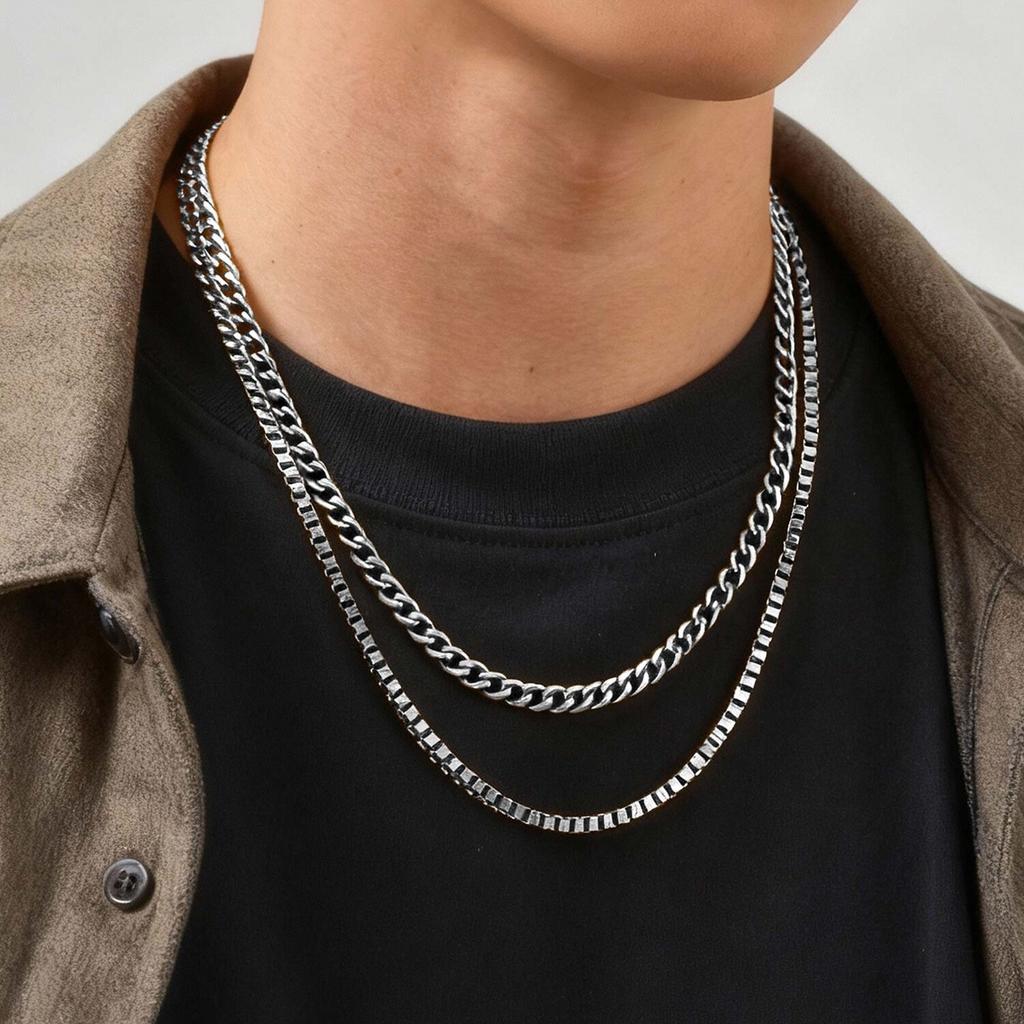 2pcs Trendy Chain Necklace for Men Boys,Stainless Steel Silver Gold Color Cuban Chain Collars,Box Chain Twisted Rope Chain Gift
