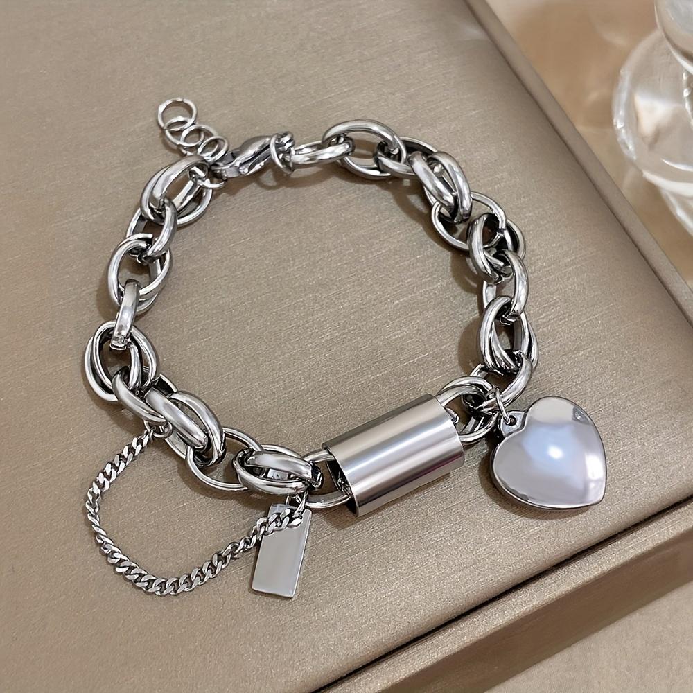 

Punk Style Chunky Chain Gold Stainless Steel Bracelet, Fashion Heart Pendant Wristband, New Year Valentine s Day Gift for Women
