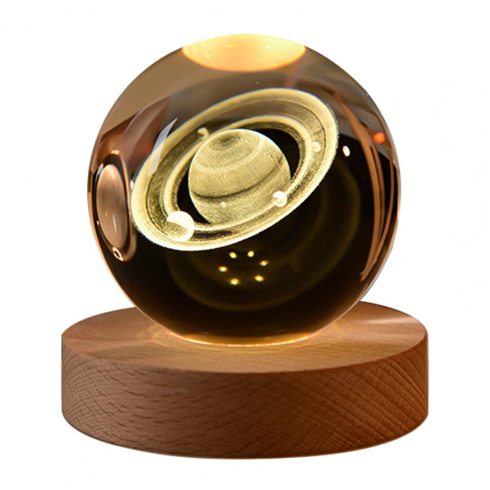 Night Light Room Decor Faux Ball Decoration 3d Engraved Solar System Ball Night Light with Wooden Base Led Lamp for Space