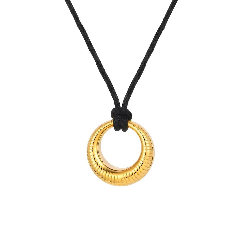 Stainless Steel Geometric Oval Necklace for Women, Adjustable Long Black Cord Metal Pendant Necklace Waterproof Jewelry