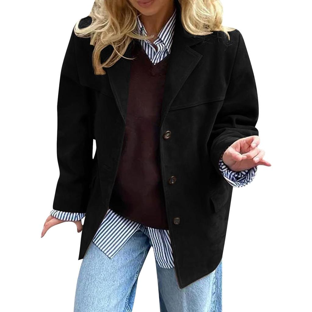 Women's Fashion Solid Color Vintage Casual Oversized Pocket Long-Sleeve  Jacket