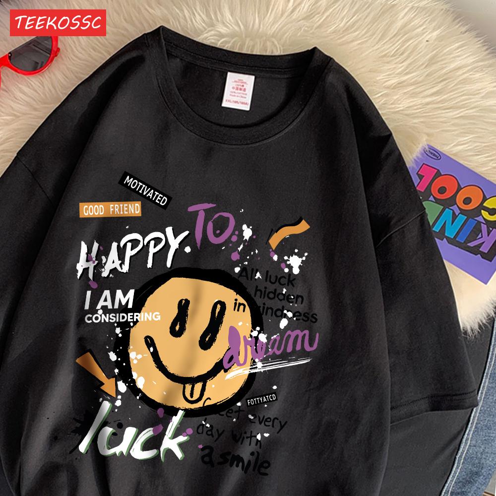 Summer Cotton Women TShirts Fun Graffiti Cute Smiling Face Prints Tees Breathable Loose ONeck Casual Street Female Clothes
