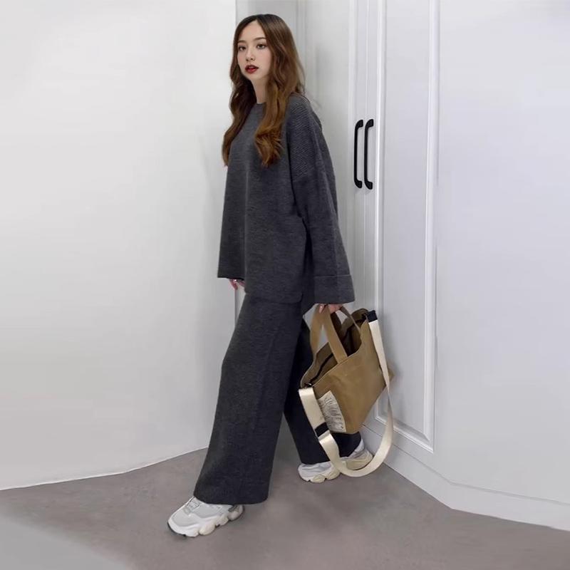 Women Casual Solid Color Knit Sweater Two Piece Set Autumn Winter Thick Round Neck Loose Pullover Wide Leg Pants Matching Sets