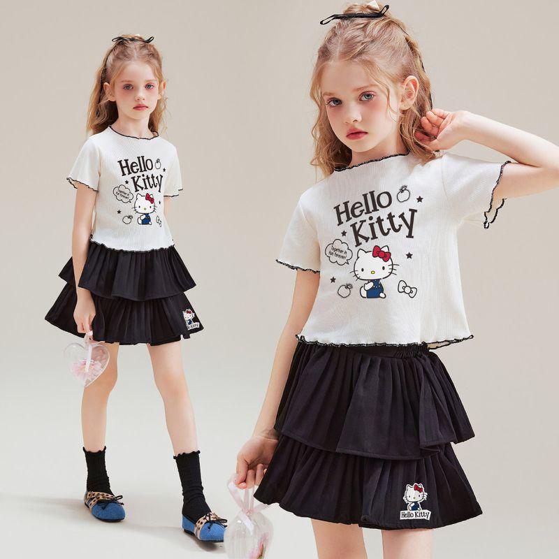 Hello Kitty Girls Summer Suit 2025 New Sweet and Cool Korean Style Cartoon Kidsren's Short-Sleeved Skirt Two-Piece Set
