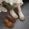 Johnature Genuine Leather Retro Hollow-out Breathable Flat Sandals Square Toe Comfortable Women's Shoes