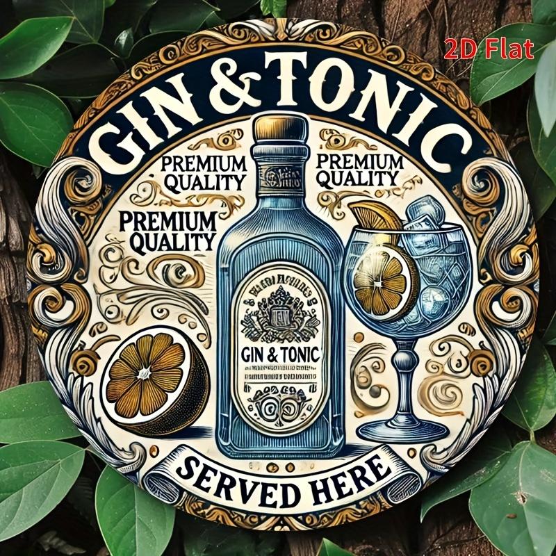 D Flat pc Vintage Gin Tonic Sign Gin Tonic Serve Here Metal Plaque with Gin Tonic Logo Design British GinThemed Wall 20x20cm(8x8inch)