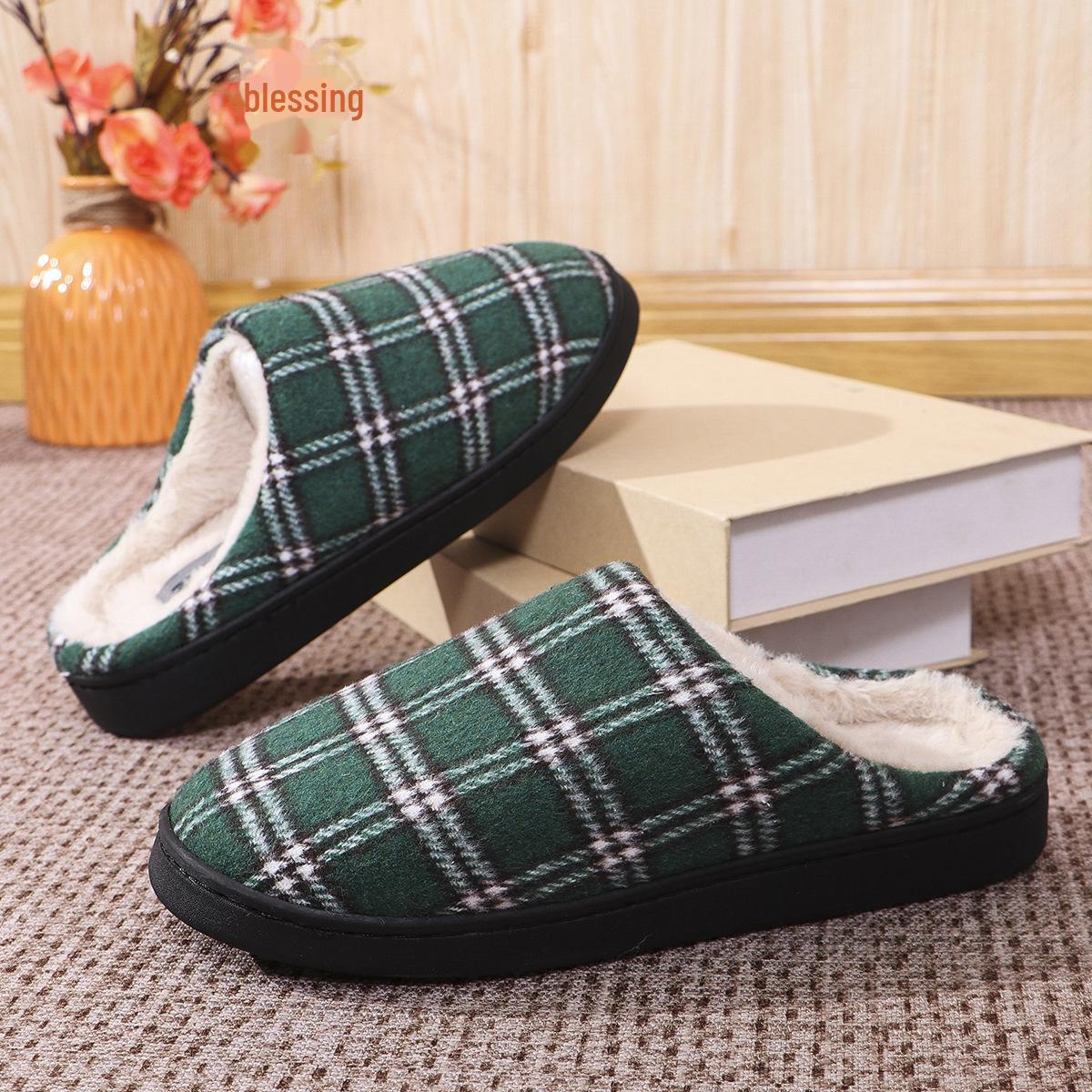 

Зимние теплые тапочки из меха кролика в клетку - толстые, нескользящие, с мягкой подошвой 38-39 (suitable for 37-38) зелёный