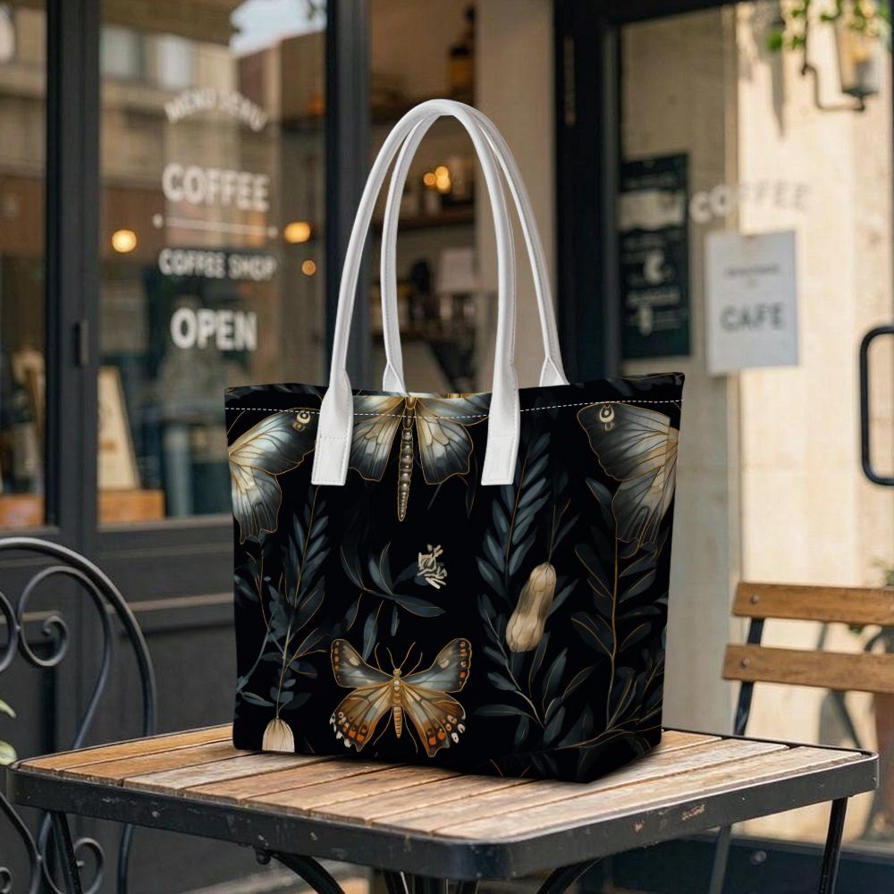 Moth Pattern Tote Bag Elegant Dark Print Shopping Handbag Vintage Insect Pattern Carryall Shoulder Bag