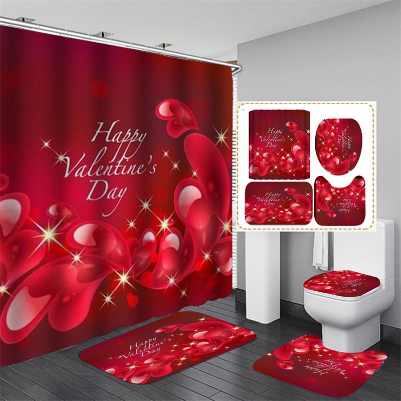 Valentine's Day Bathroom Bathing Waterproof Shower Curtain Home Entrance Doormat Bathtub 4Pcs Set Toilet Seat Cover Rugs Bath Non-Slip Floor Mat Love