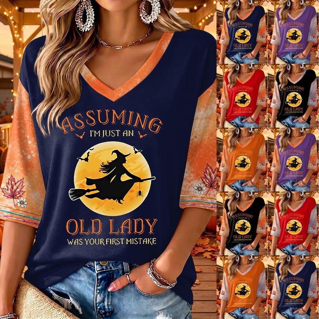 Women's Halloween Print V-Neck 3/4 Sleeve Casual Blouse Top