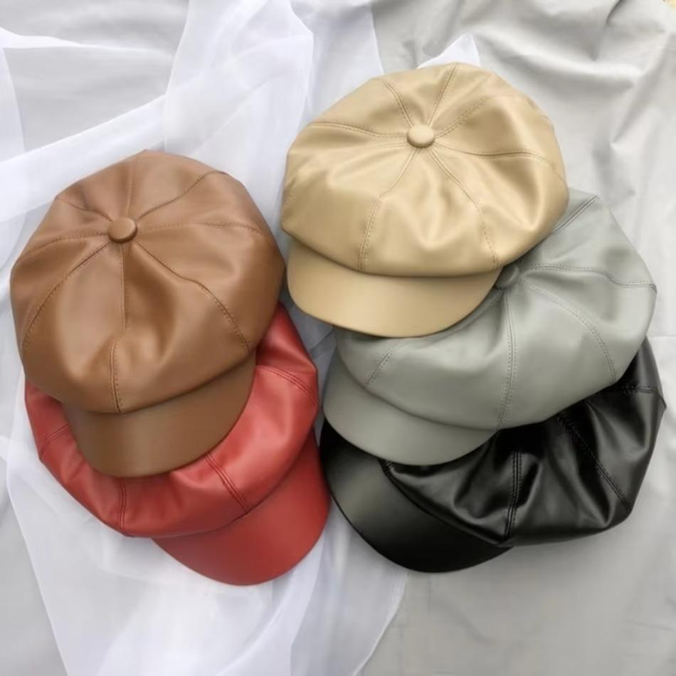 Osmihranný baret z PU kůže Podzim Zima Dámský Jednobarevný Barety Baseballová čepice Dámský Vysoce kvalitní Newsboy Cabbie Beanie