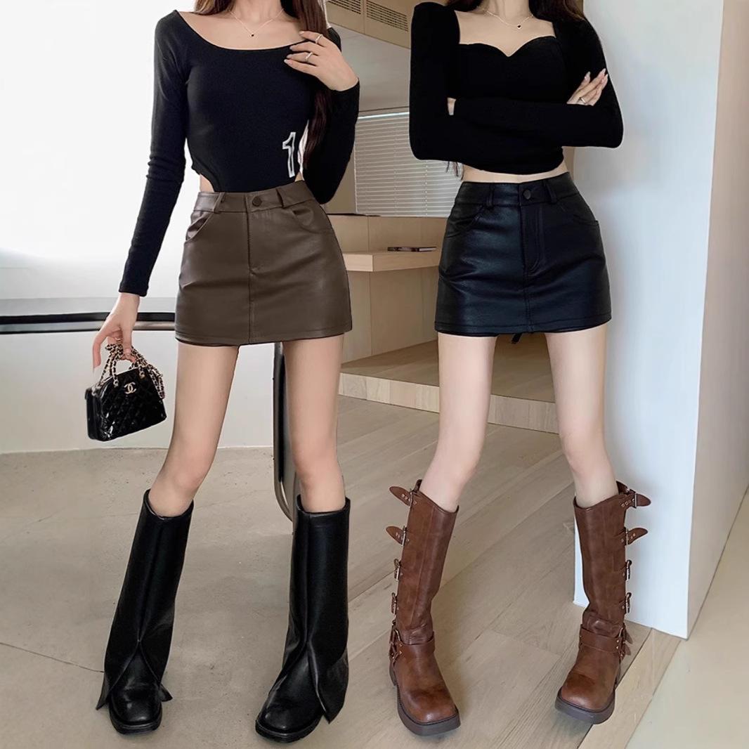 

Brown PU Leather High-Waisted Skirt - Slim Fit for Women, Autumn/Winter, Plus Size, Hip-Hugging, Hot Girl Style, Short Length. S