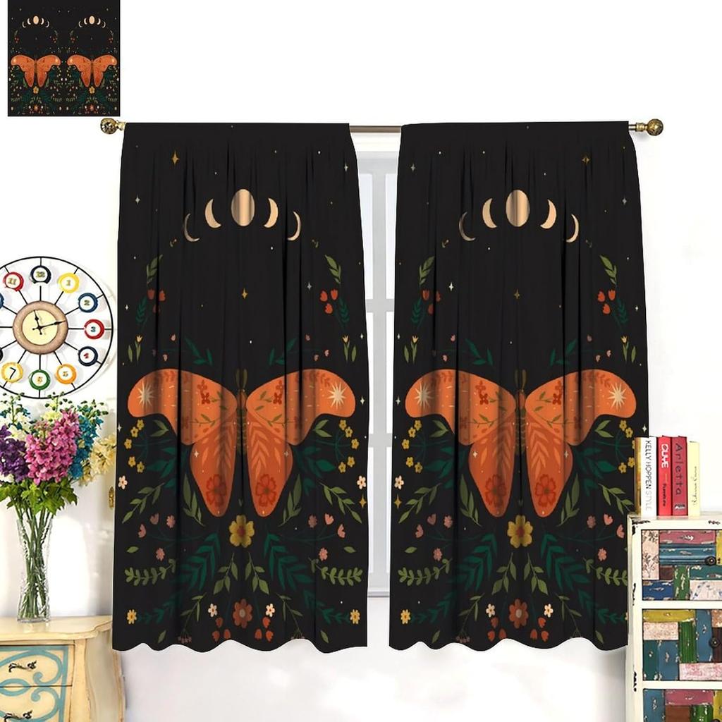 Boho Moon Decor Curtains,Magic Moons and Stars Boho Pattern for Home Kitchen Restaurant Decoration Window Curtain 2Panel