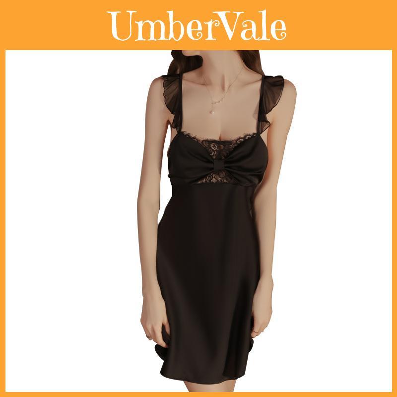 Women Satin Sleepwear Set With Lace Splicing And Bow Detail For Home And Hotel Use