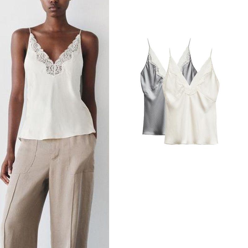 Spring New Women's French Style Elegant Sexy Lace Decorative Silk Satin Textured Vest Tops 1067261