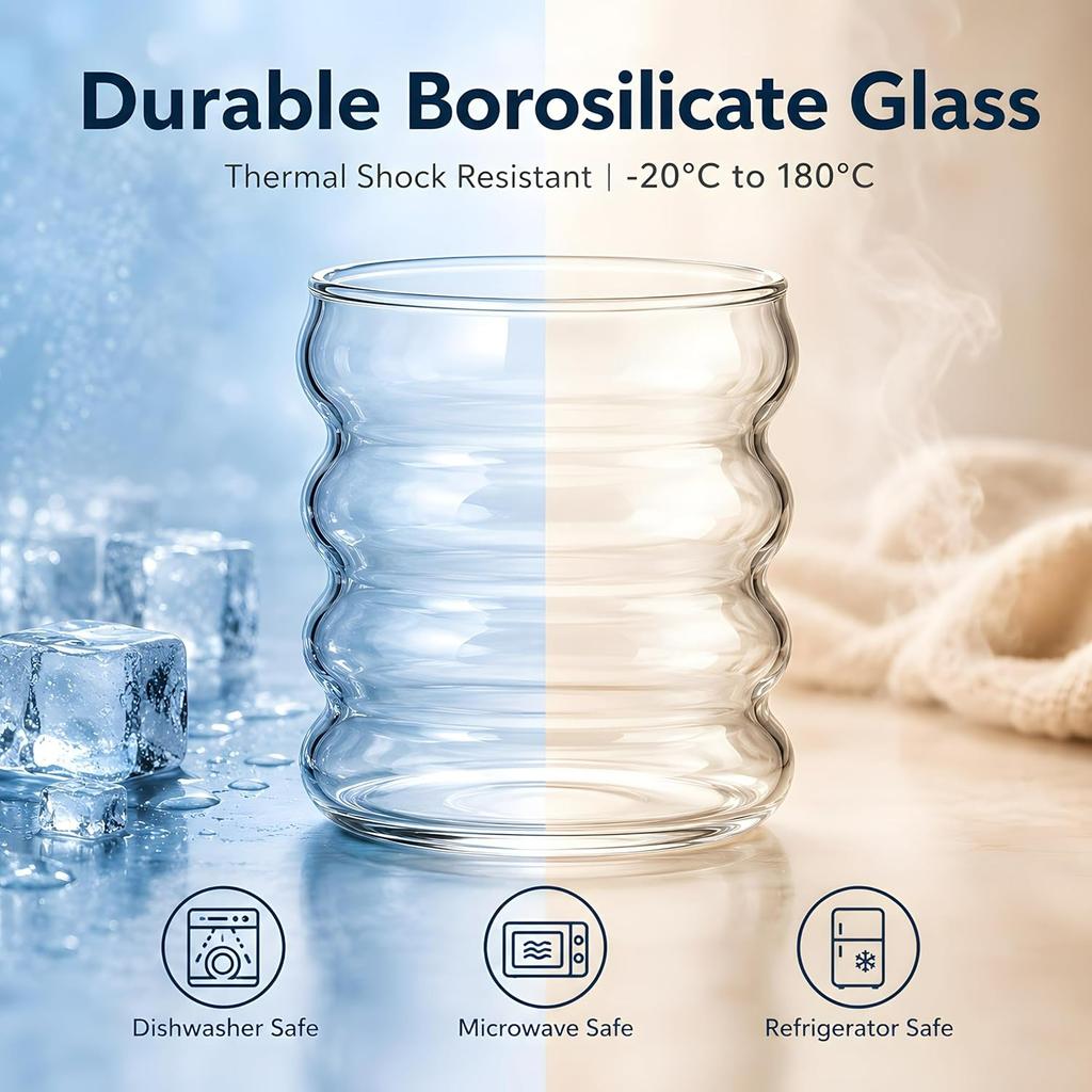 NINU Ribbed Drinking Glass Cups with Glass Straws, Aesthetic Iced Coffee Glasses,Wave Bubble Glasses Tumbler,Ripple Glassware,Beer Glasses for Coctail