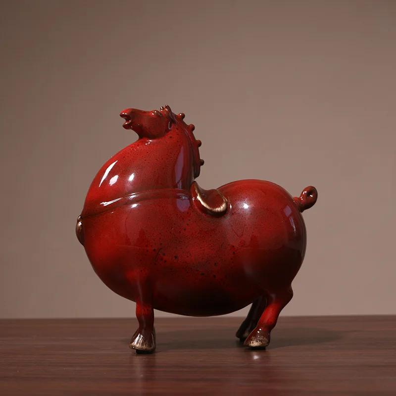 Statua in Ceramica Cavallo Grasso Creativo, Decorazione per la Casa, Scultura Cavallo Rosso Tang Fortunato, Decorazione per Soggiorno, Artigianato Retro