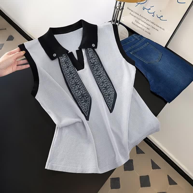 Women s Elegant Lapel Sleeveless Ice Silk Spliced Knit Top 42