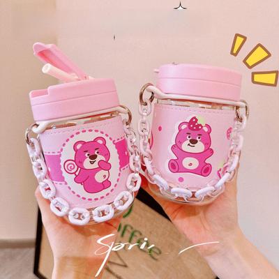 Adorabile Tazza Rosa con Cannuccia a Forma di Orsetto con Custodia in Pelle e Design Antiscottatura - Tazza d'Acqua Portatile a Bracciale per Ragazze