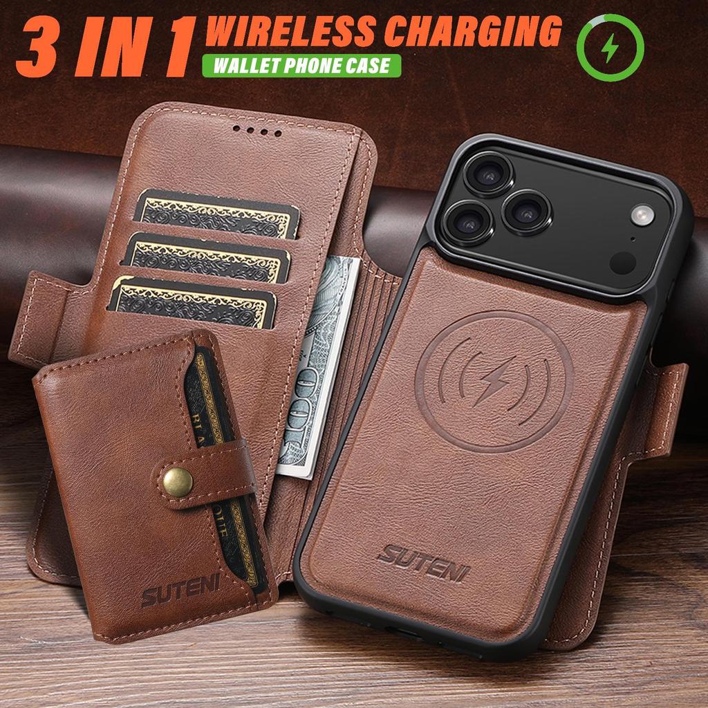 Magnetické kožené flipové pouzdro pro iPhone 17 Pro Max se slotem na karty a bezdrátovým nabíjecím stojánkem 3 v 1