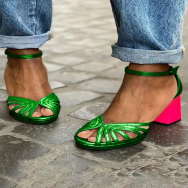 Women s high-heeled sandals spring and summer new sexy thick-heeled contrasting large-size open-toed sandals 36 зелёный