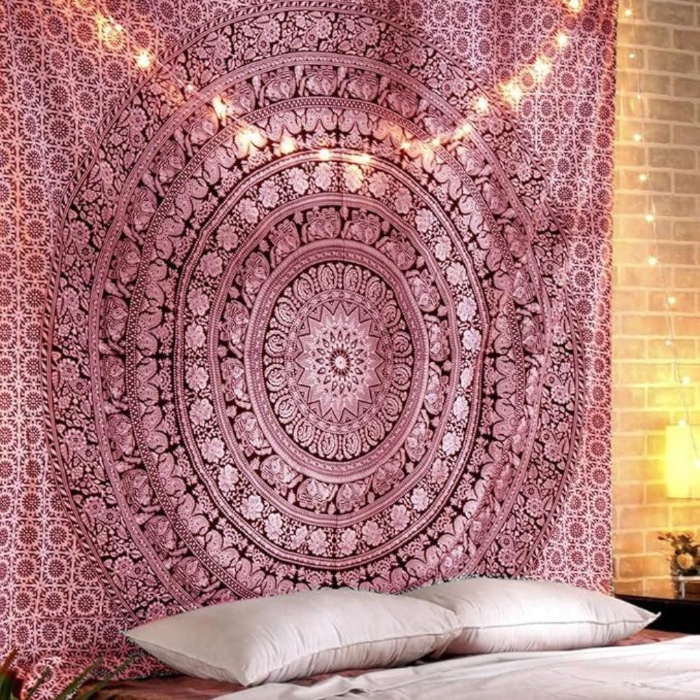 BLESS INTERNATIONAL Handmade Indian Hippie Bohemian Psychedelic Elephant Mandala Wall Hanging Bedding Tapestry (Maroon and Silver)