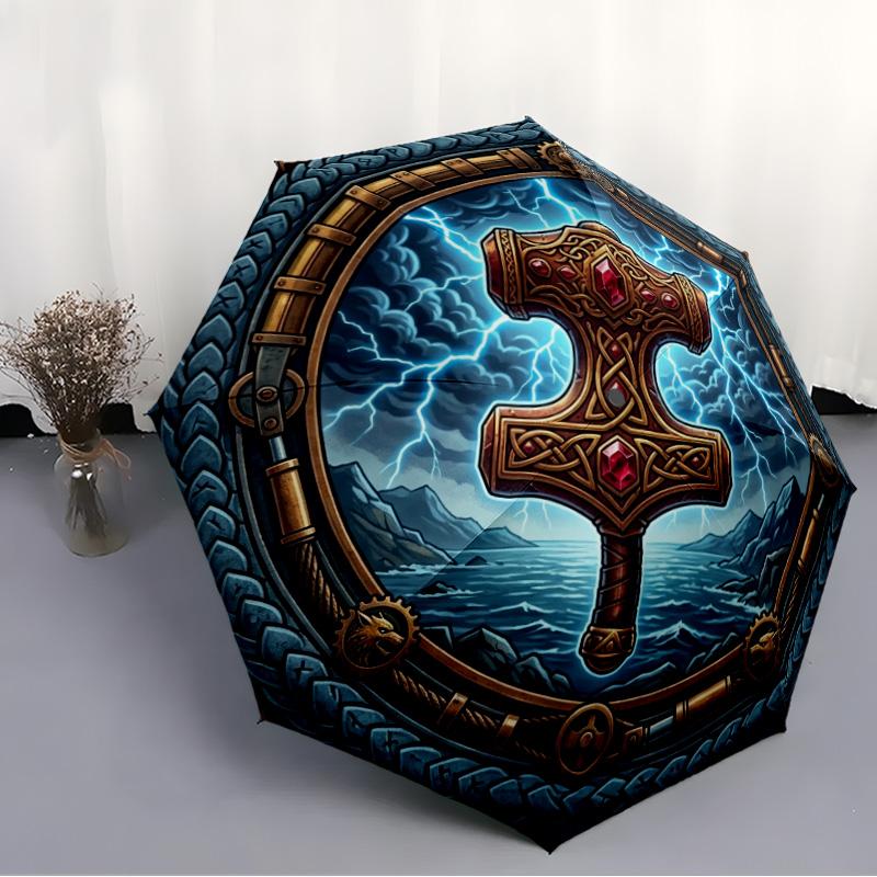 Thors Hammer Storm pattern umbrella, portable and foldable design, 8 ribs, a casual accessory for Halloween, Christmas, and birthday gifts.