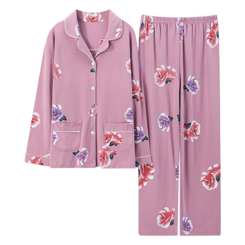 In the Elderly Pure Cotton Pajamas Women's Spring and Autumn Long-sleeved Middle-aged Mother Large Size Cardigan Set Old Lady Loungewear