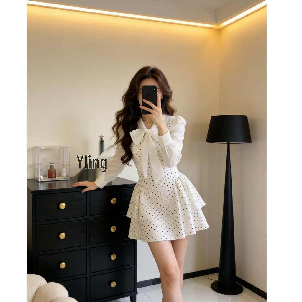 Women's Korean French Retro Polka Dot Patchwork Dress, Spring/Autumn, Waist-Cinched, Long Sleeve, Short Skirt.