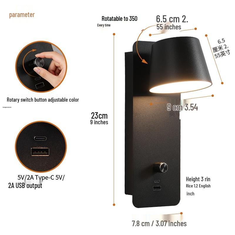 Stepless Dimming LED Wall Lamp with USB Charging - Metal Body, Wall-Mounted, No Tray, Ideal for Bedroom & Living Room