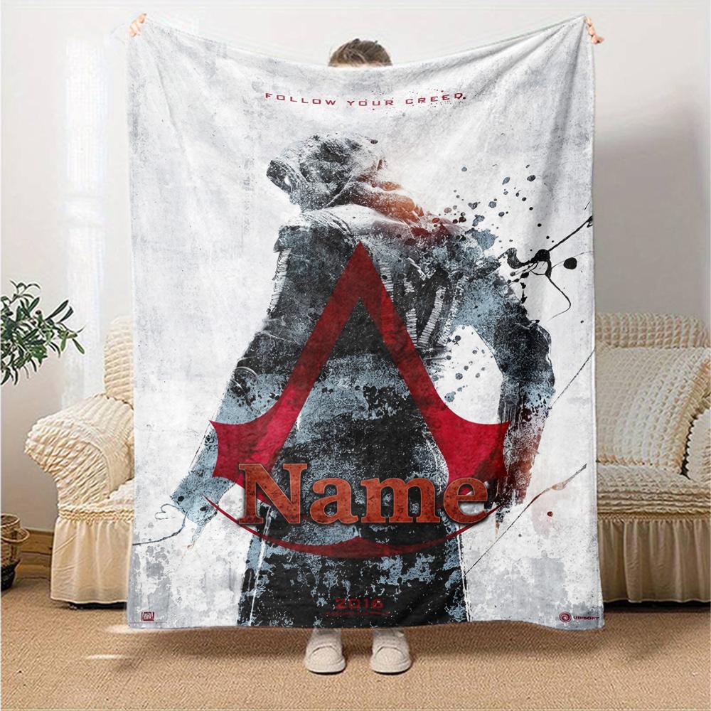 Koc z nadrukiem w stylu Assassin's Creed z imieniem na zamówienie Idealny na kanapę, łóżko, podróże, do użytku na zewnątrz Można prać w pralce Przytulny Trwały