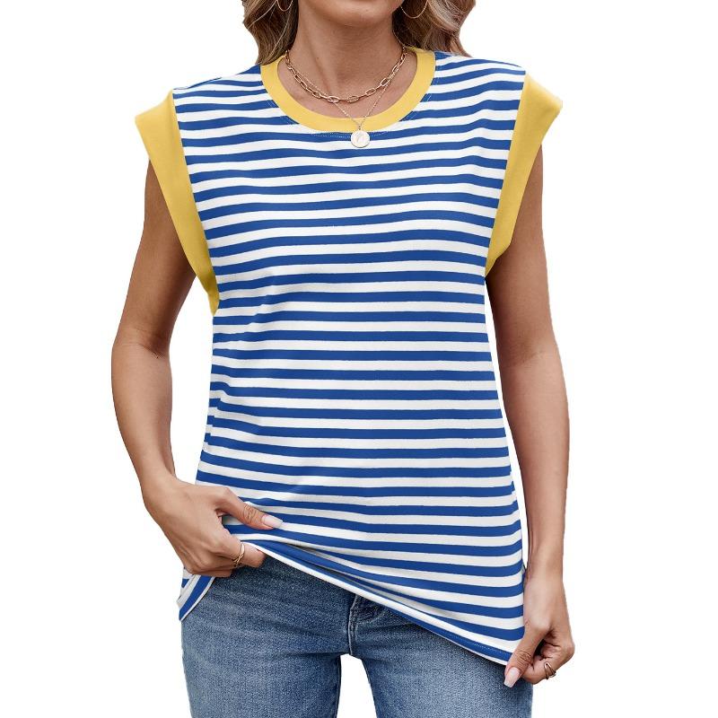 Camiseta holgada de manga corta con cuello redondo y estampado de rayas de primavera y verano para mujer