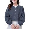 Spring 2026 Women's Artistic Lace-Trim Plaid Doll Shirt - Loose Casual Slimming Top