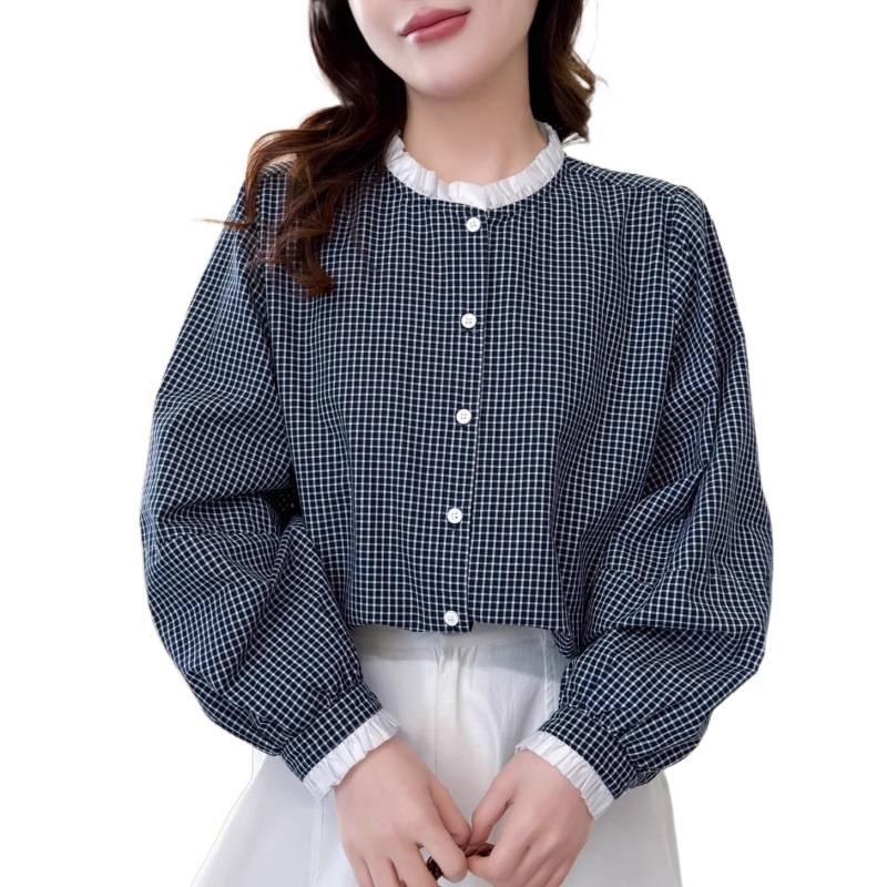Spring 2026 Women's Artistic Lace-Trim Plaid Doll Shirt - Loose Casual Slimming Top