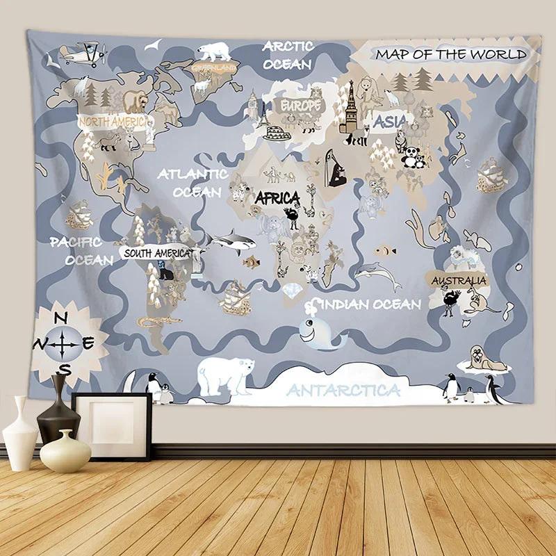 Nordic Style Animal World Map Tapestry Wall Hanging Children's Room Living Room Decor Beach Towel Thin Blanket Yoga Shawl Mat