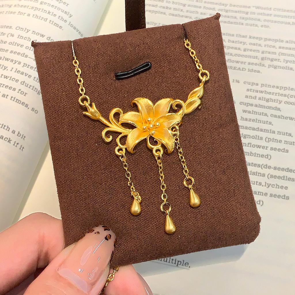 Luxury Pure Gold Real Gold Lilies Pendant Necklace Women Flower Necklace