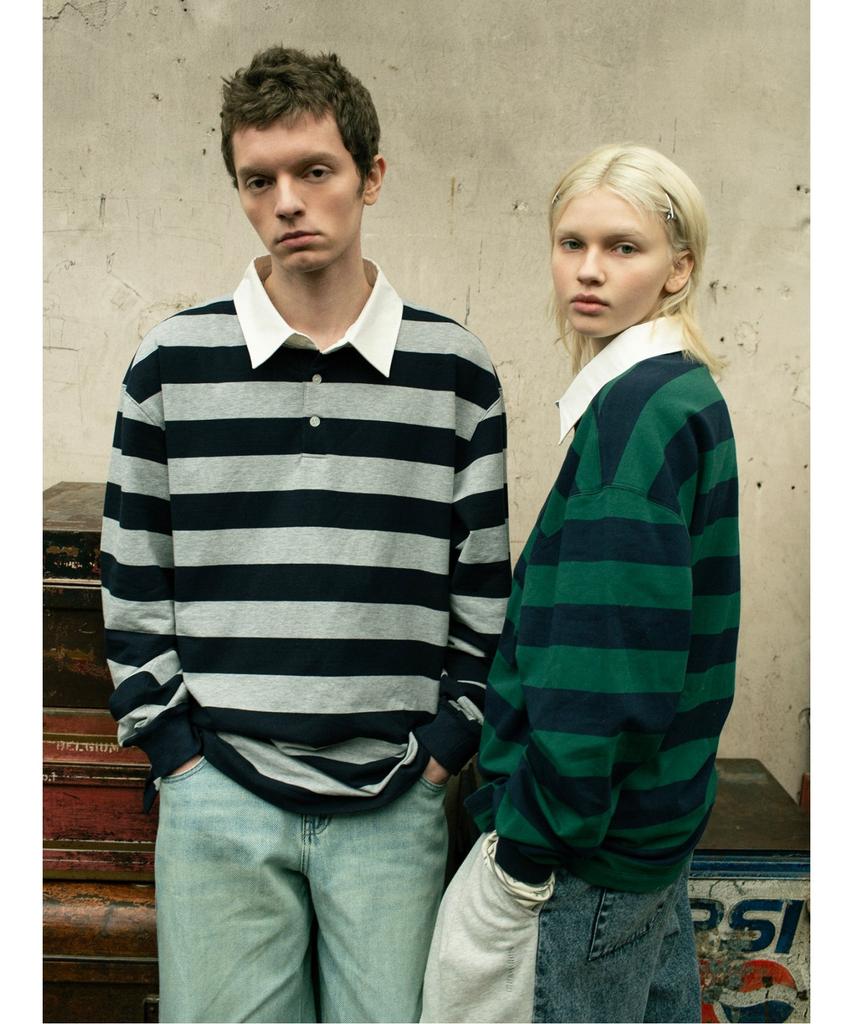 Saendeusaundeu Bold Stripe Long Sleeve Polo Tshirt Green