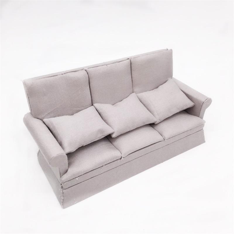 1:12 Miniature Three-Seat Dollhouse Sofa with Throw Pillows