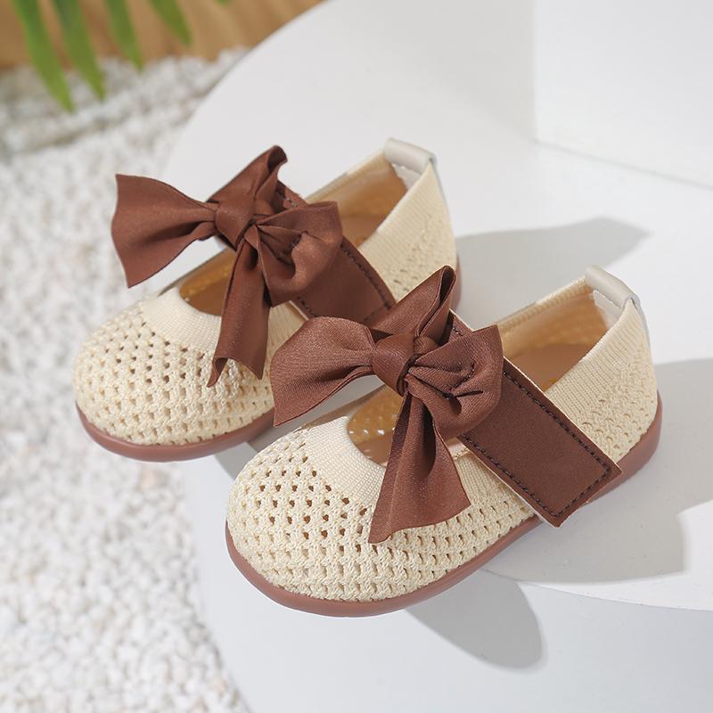 

Toddler Kids Princess Shoes Big Bows Weave Soft Sole Girls Flat Shoes Round Toes 2025 New Fashion Baby Walking Shoes Comfortable 15 бежевый