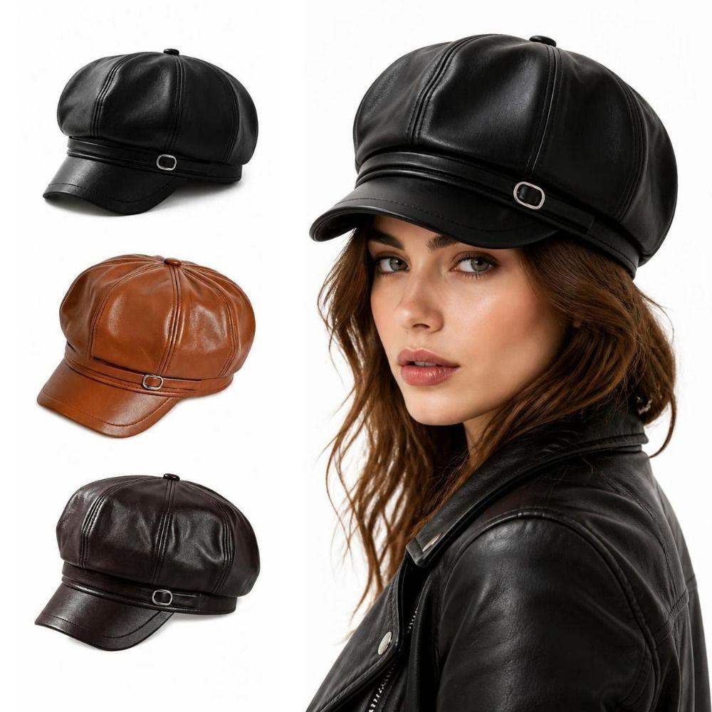 Octagonal Beret Hat Metal Buckle Strap Octagonal Cap Vintage Baker Boy Cap  For Women