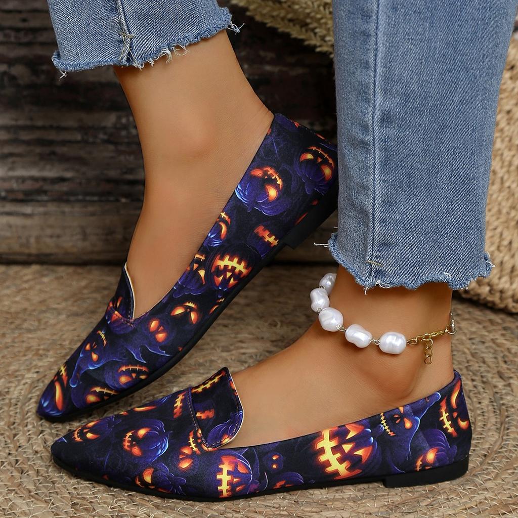 Fashion Women Flats Casual Shoes 2024 New Spring Autumn Slip-on Pointed Toe Lightweight Loafers Halloween Pumpkin Women Flats Shoes
