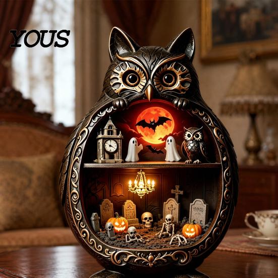 Wood Owl Sculpture Halloween Wooden Tabletop Centerpiece, 2D Flat Pumpkin Ghost Bat Figurine Skeleton Standing Table Sign for Party, Shelf, Desk Decor