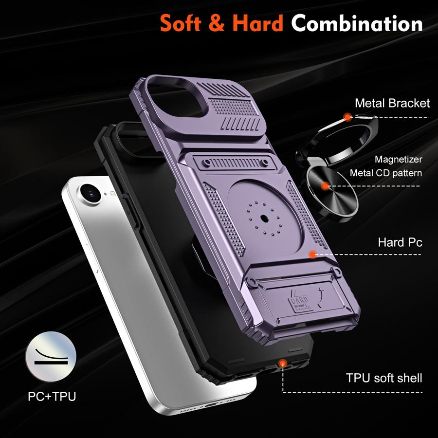 Ultra Rugged Armor Phone Case with 2 Card Slots & Magnetic Metal Ring Stand for iPhone Samsung Shockproof Heavy Duty Hybrid Cover Car Mount Compatible