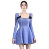 Chic Blue Retro French Square Neck Puff Sleeve Dress with Bow, 2024 Spring/Autumn.