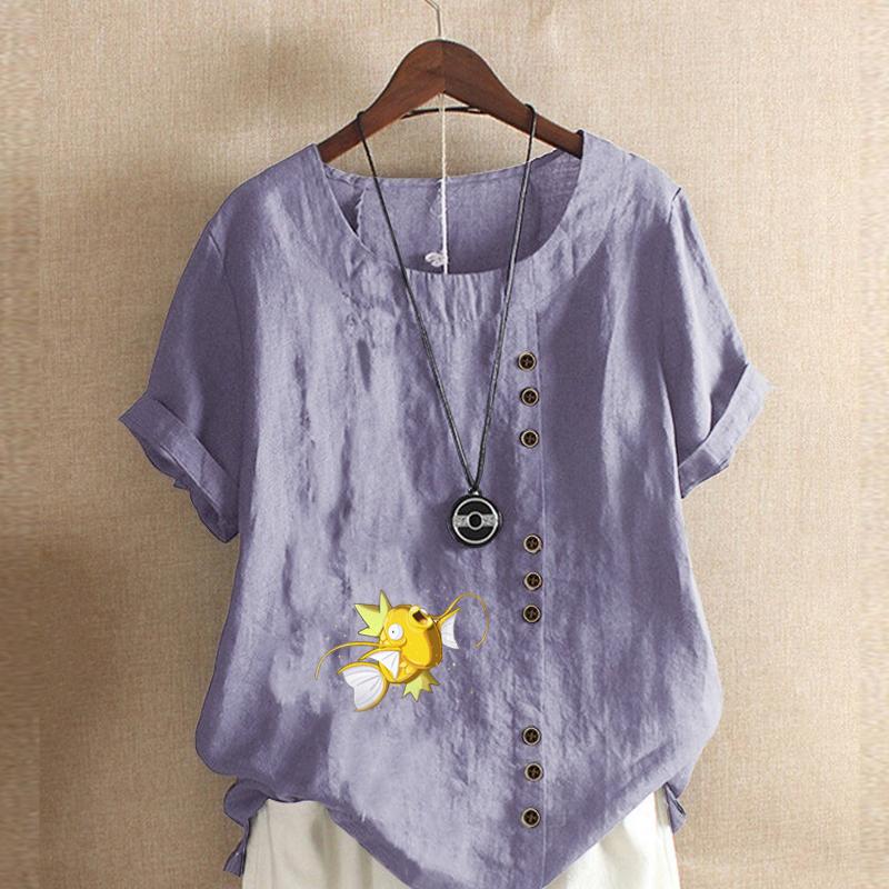 Women's Fashion Goldfish Prined Round Neck Short Sleeve T-shirt Casual Cotton Linen Graphic Shirt Leisure Loose Summer Blouse Tops