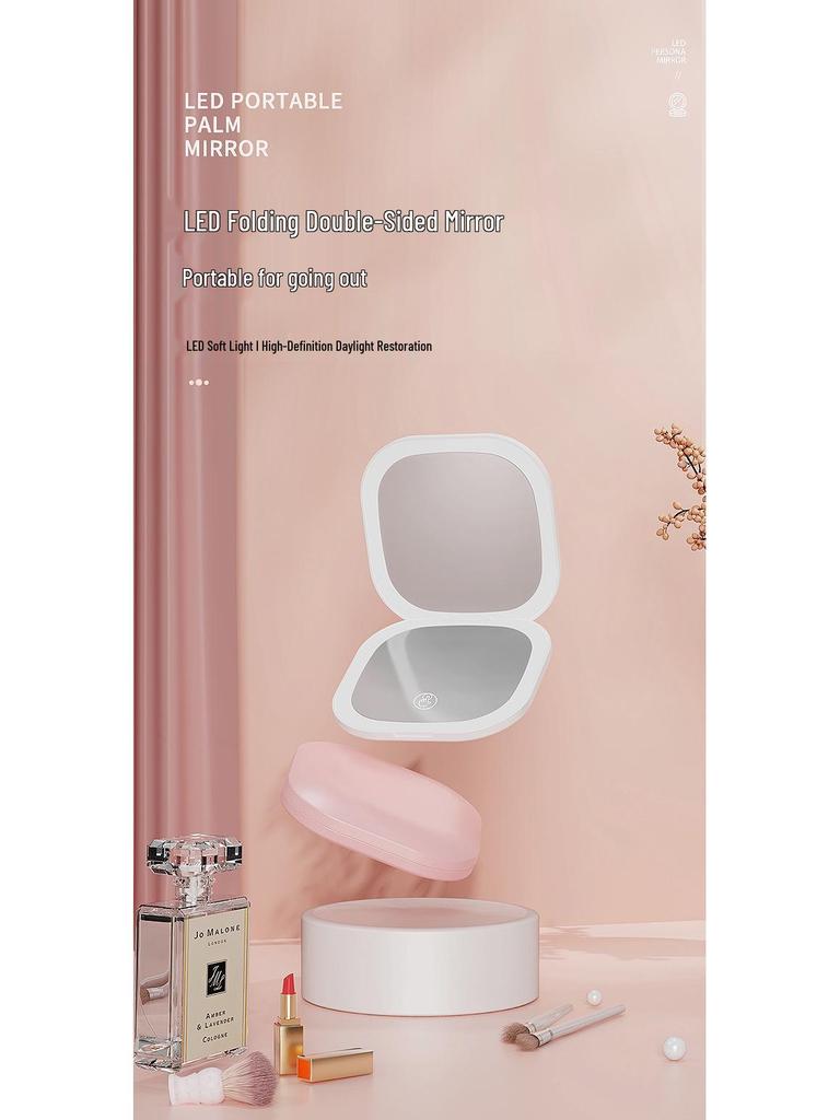 Rechargeable Portable LED Makeup Mirror with Light, Double-Sided, Custom Magnification, Compact Folding Design